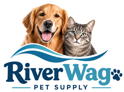 River Wag logo: a golden retriever and a tabby cat above a blue river wave